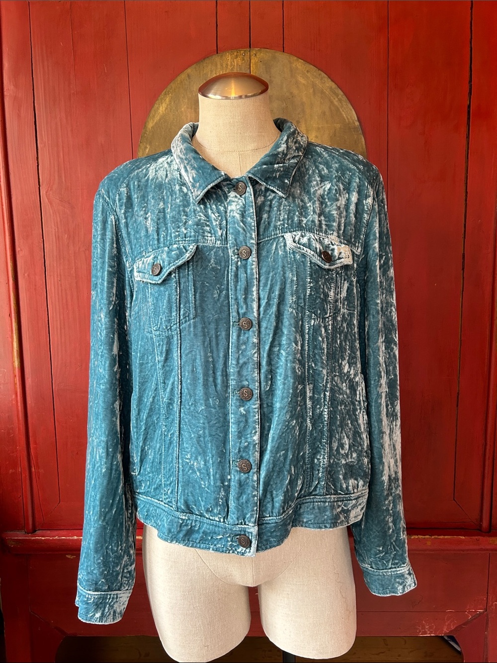Sundance Wren Teal Velvet Button-Front Silk Blend Trucker Jacket, Fits Sz Large